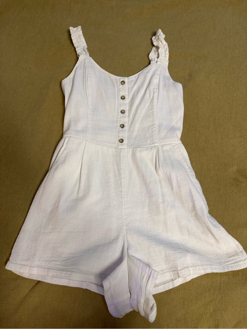 Hollister White Button-Front Romper with Ruffled Straps